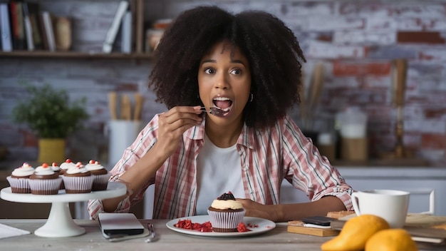 Emocionalmente sorprendida, una mujer de piel oscura come pasteles y cupcakes rodeada de sabrosos postres caseros.