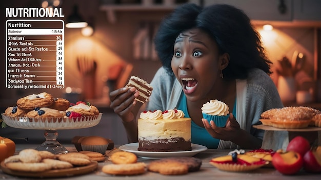 Emocionalmente sorprendida, una mujer de piel oscura come pasteles y cupcakes rodeada de sabrosos postres caseros.
