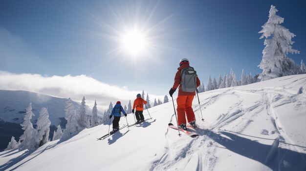 Emocionante aventura de esqui em Snowy Mountain com árvores e IA geradora de sol