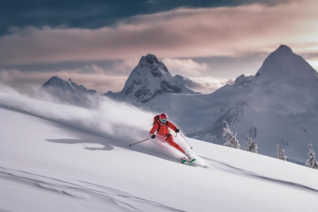 Emocionante aventura invernal: una persona practica deportes extremos de invierno en medio de montañas cubiertas de nieve