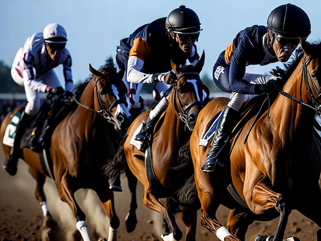 Foto una emocionante carrera se desarrolla mientras los jinetes en sus majestuosos caballos empujan hasta el límite.