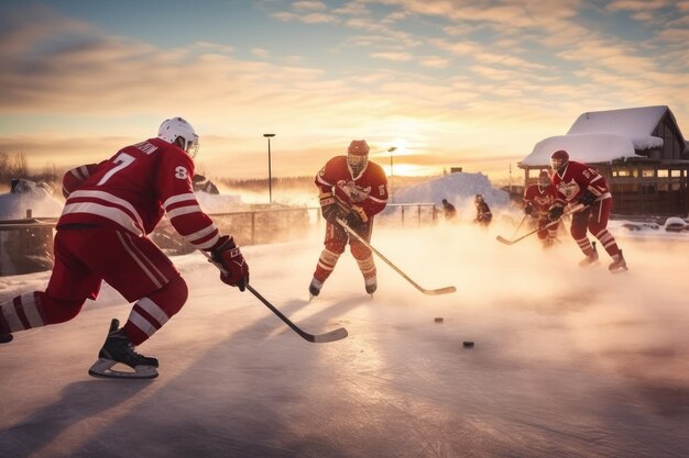 Un emocionante juego de hockey sobre hielo jugado por un grupo de hombres en una pista de hielo congelada jugadores de hockey en acción en la pista al aire libre AI generado