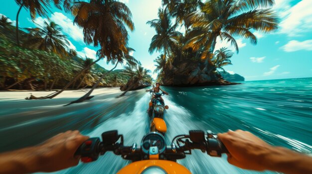 Un emocionante paseo en scooter por una playa tropical con palmeras