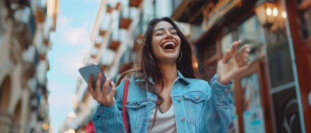 Una emocionante toma callejera de una hermosa mujer latina usando un teléfono inteligente celebrando su victoria con un gesto de sí Un feliz empresario latino usa un teléfono móvil acompañado de un borrón borroso