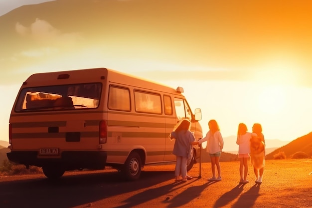 Emocionante viagem em família desfrutando de suas viagens em uma caravana de rodas beleza da natureza