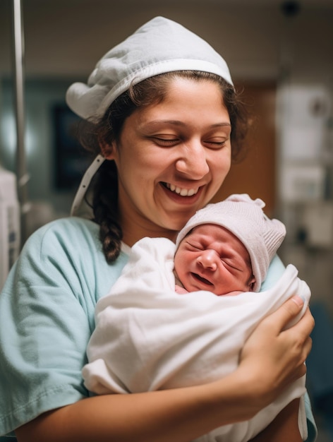 Emoções feliz parteira com um bebê recém-nascido em seus braços AI gerada