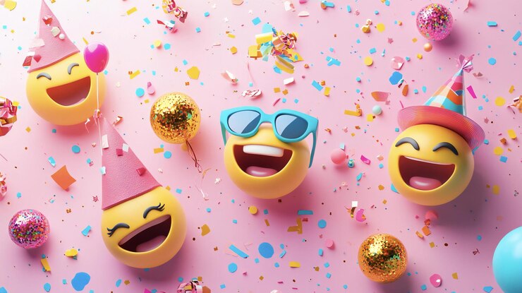 Emoji alegre, globos de fiesta, sombreros de confeti y sonrisas