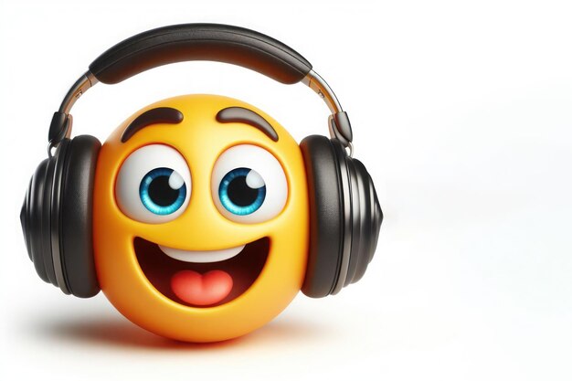 Foto un emoji amarillo alegre en los auriculares espacio para el texto