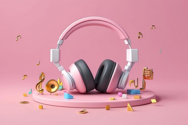 Emoji con auriculares y música en 3D en un fondo rosa claro