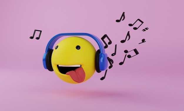 Foto emoji con auriculares y música 3d render sobre fondo rosa claro