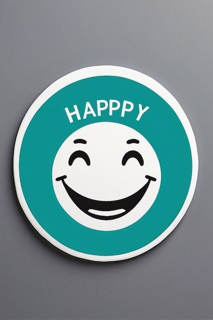 Foto emoji de color azul azulado adhesivo redondo feliz con contornos blancos con texto que dice feliz