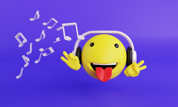 Foto emoji com fone de ouvido e renderização 3d de música em fundo roxo