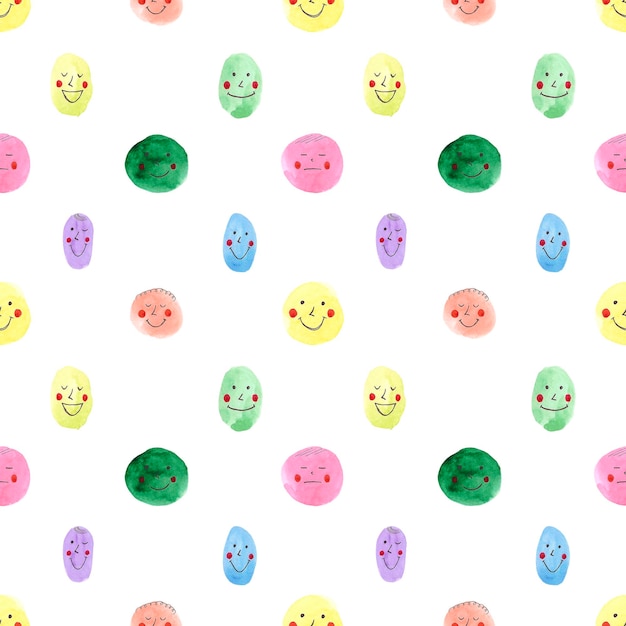Emoji de aquarela desenhado à mão rostos coloridos padrão sem costura isolado em fundo branco Pode ser usado para papel de embrulho de tecido crianças têxteis e outros produtos impressos
