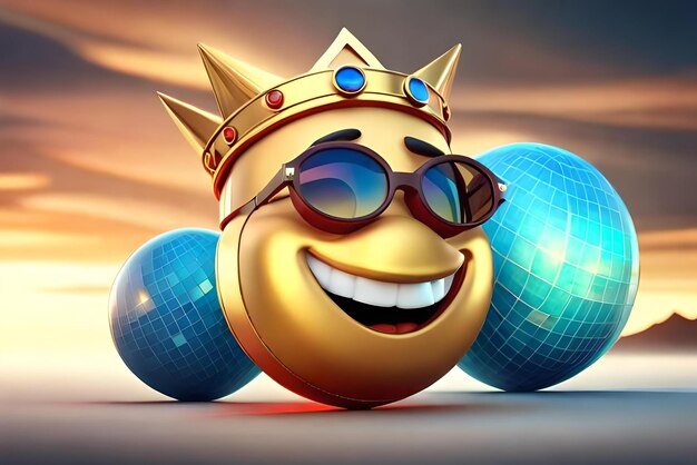 emoji de personagem sorridente com óculos de sol dourados e uma coroa real ilustração 3D