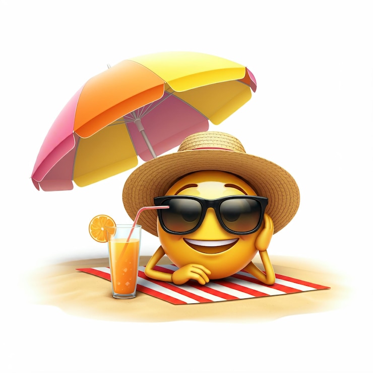 Foto emoji descansando em uma praia sob um guarda-chuva usando óculos de sol e um chapéu de palha com um copo de ora