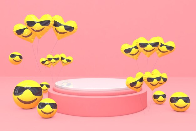 Emoji gafas de sol 3d podio con globo de emoticonos fondo flotante