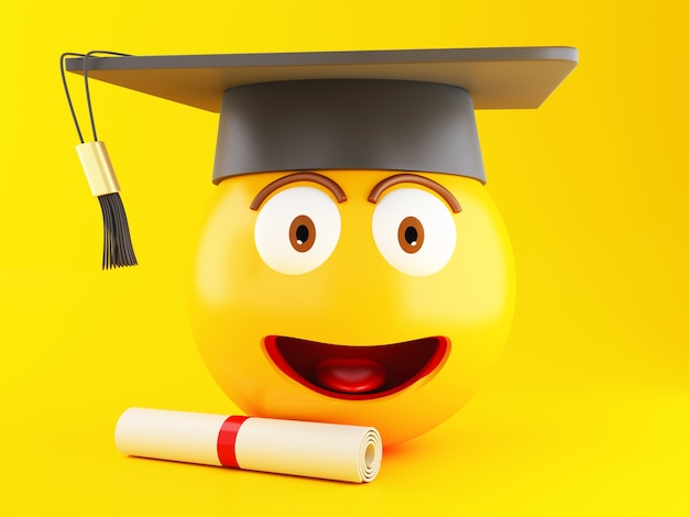 Emoji de la graduación 3d con el casquillo y el diploma de la graduación.