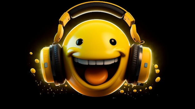 Foto el emoji listen smiley music presenta una cara amarilla con ojos que llevan auriculares y una amplia sonrisa feliz. transmite la alegría y el disfrute de escuchar música.