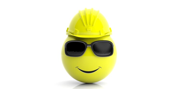 Emoji mit einem Bauhelm auf weißem Hintergrund 3D-Darstellung