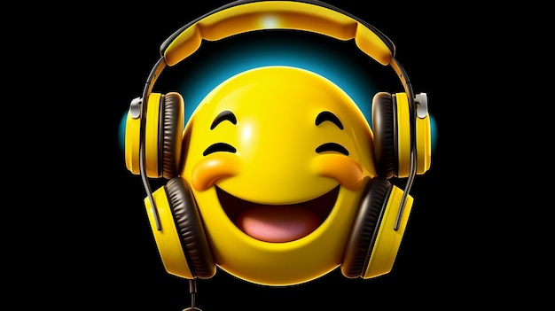 El emoji Smiley Listen Music presenta una cara amarilla con ojos que usan audífonos y una amplia sonrisa feliz Transmite la alegría y el disfrute de escuchar música IA generativa