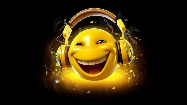 Foto el emoji smiley listen music presenta una cara amarilla con ojos que usan audífonos y una amplia sonrisa feliz transmite la alegría y el disfrute de escuchar música ia generativa