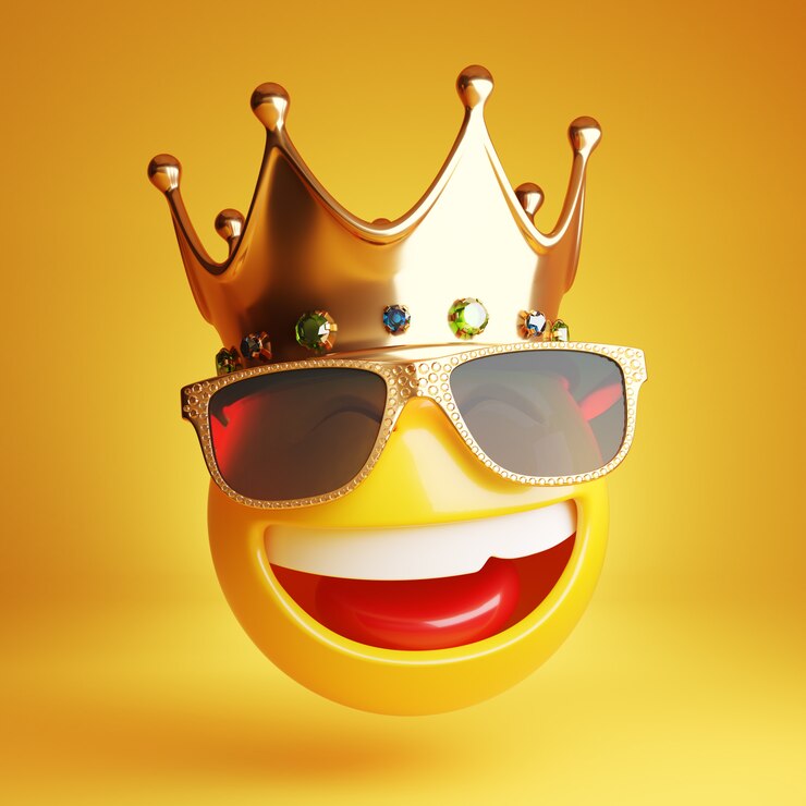 Emoji sonriente con gafas de sol doradas y una corona real modelo 3d
