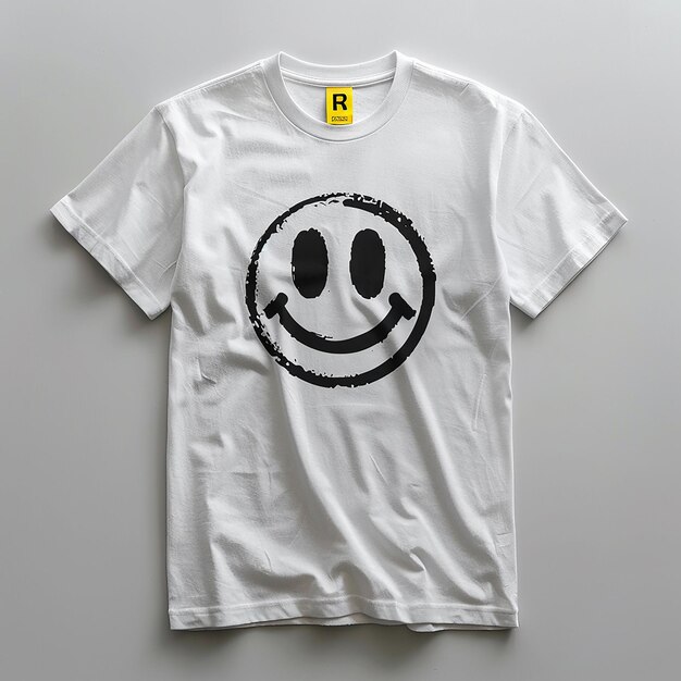 Foto emoji de sonrisa en una camiseta blanca con fondo sólido