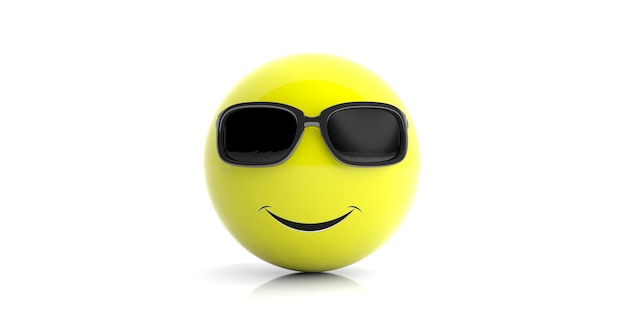 Emoji sorridente amarelo com óculos de sol na ilustração 3d de fundo branco