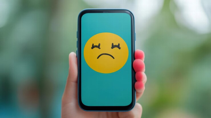 Foto emoji triste na tela do telefone