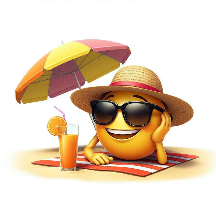 Foto emoji usando óculos de sol e um chapéu de palha relaxando sob um guarda-chuva de praia com um copo de suco de laranja