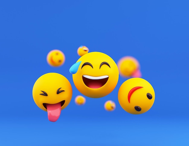 Foto emojies de emoticon 3d com efeito de desfoque em fundo azul