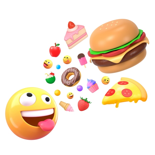 Emoticon 3D png comiendo pegatina de comida rápida fondo transparente