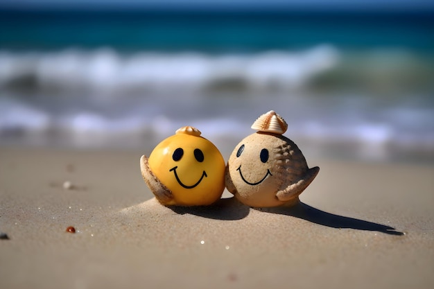 Emoticon-Bälle auf dem Sand in der Nähe des Meeres Sommerurlaub Generative KI