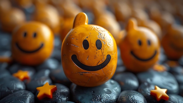 Foto emoticon de rosto sorridente cercado por um símbolo positivo