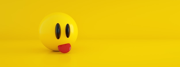 Emoticon mit Zunge über gelbem Hintergrund, 3D-Rendering, Panoramabild