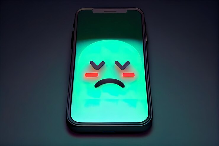 Foto emoticon triste na tela do smartphone cliente muito infeliz dando feedback negativo