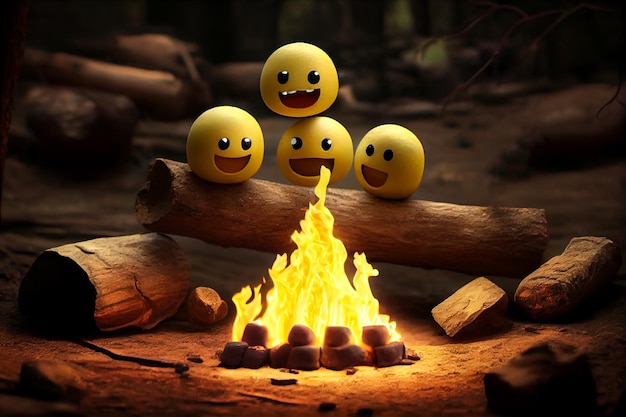 Emoticones amarillos emoji descansan en la naturaleza junto a la ilustración del fuego IA generativa