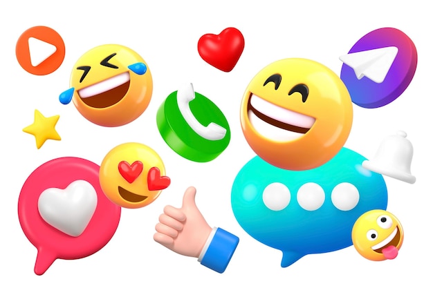 Emoticons de mídia social adesivo png renderização 3D gráficos fundo transparente