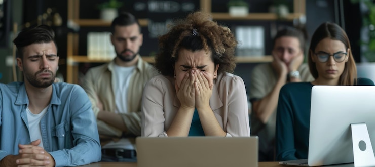 Foto emotionale belastung am arbeitsplatz kollegen, die einen emotionalen zusammenbruch am bürobüro beobachten