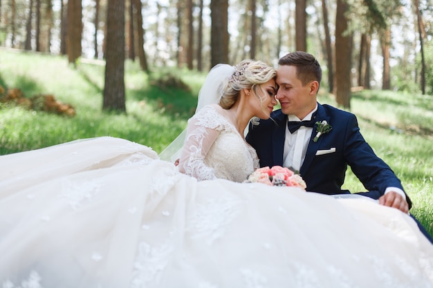 emotionale Hochzeitspaare auf grünem Gras im Frühjahr Liebe von zwei Leuten Braut und Bräutigam, die leicht am Hochzeitstag in der Natur umarmen und küssen Porträt von glücklichen Jungvermählten draußen Hochzeitskonzept