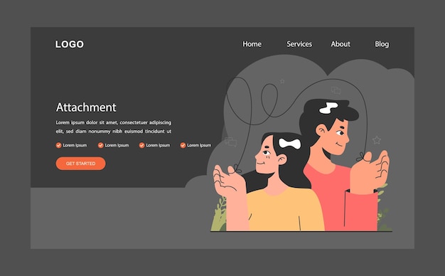Emotionale Intelligenz Web-Banner oder Landing Page dunkler oder Nacht-Modus gesunder Bindungsstil in einer romantischen Beziehung Mann und Frau mit einer Schnur verbunden Liebespaar flache Vektor-Illustration