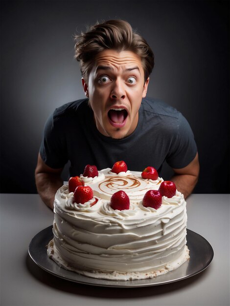 Emotionaler Mann bewundert überraschend und fürchtet einen wunderschön geschmückten Kuchen mit Erdbeeren oben