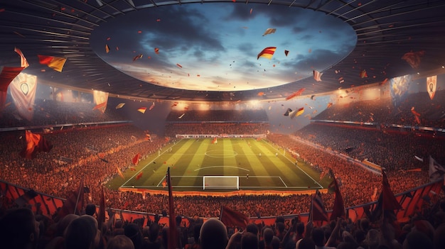 Emotionaler Moment des Stadionfußballs mit vielen Flaggen, fotorealistische Fantasy-Kunst-Drohnenansicht