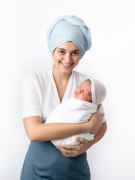 Emotionen einer glücklichen Hebamme, die mit einem neugeborenen Baby im Arm auf einem weißen Hintergrund steht, der von der KI erzeugt wurde