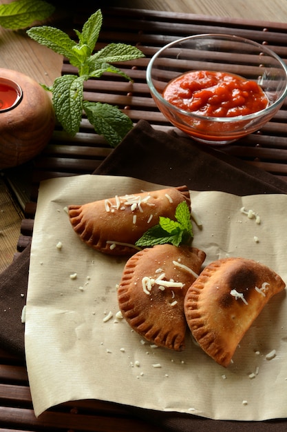 Empanada de atún hecha en casa con salsa de tomate en mesa de madera