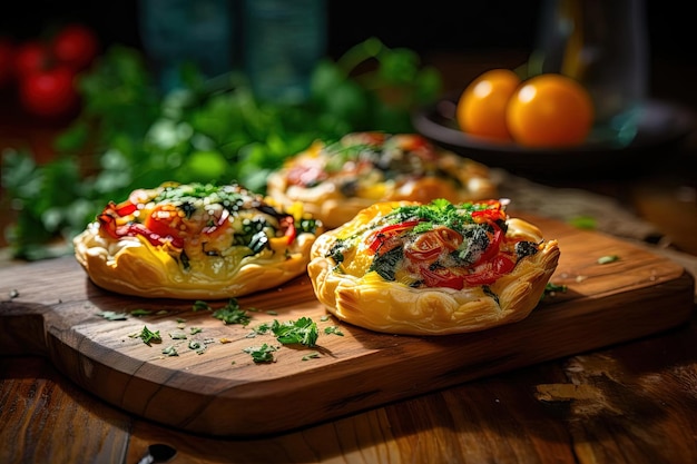 Empanadas de anguila, espinacas y tomate sobre tabla de madera