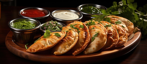 Empanadas doradas en un plato de madera con salsas que invitan a un bocado salado