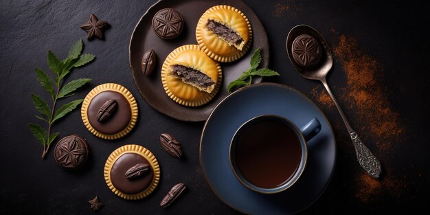 Empanadas dulces de té y chocolate mostrados desde arriba sobre un fondo negro