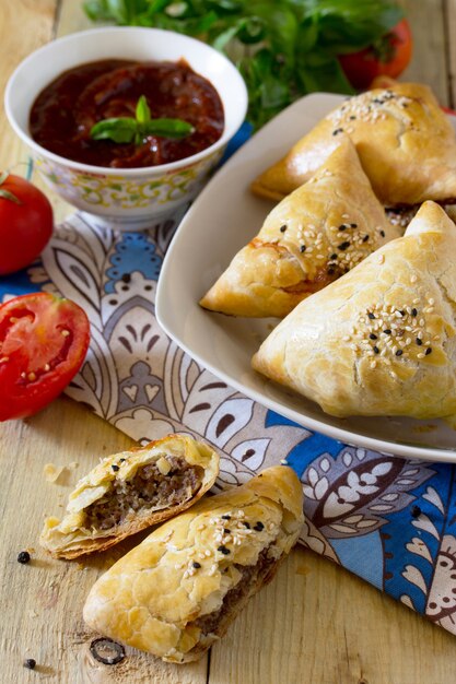 Foto empanadas fritas con carne y salsa de tomate