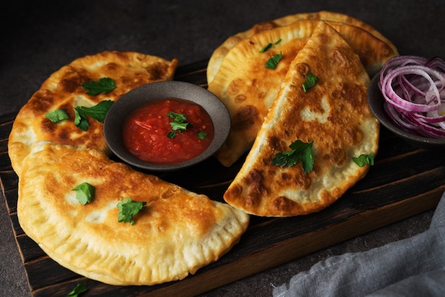 Empanadas fritas caseras con carne de cerdo, chebureks con champiñones sobre una tabla de madera